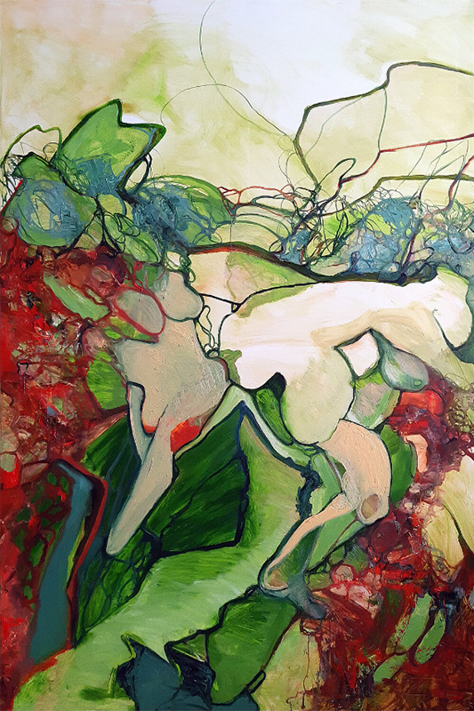 "Now it's time to go out again. Saw her on the green hills at spring time. #2" Öl auf Leinwand, 100 x 150 cm, 2023